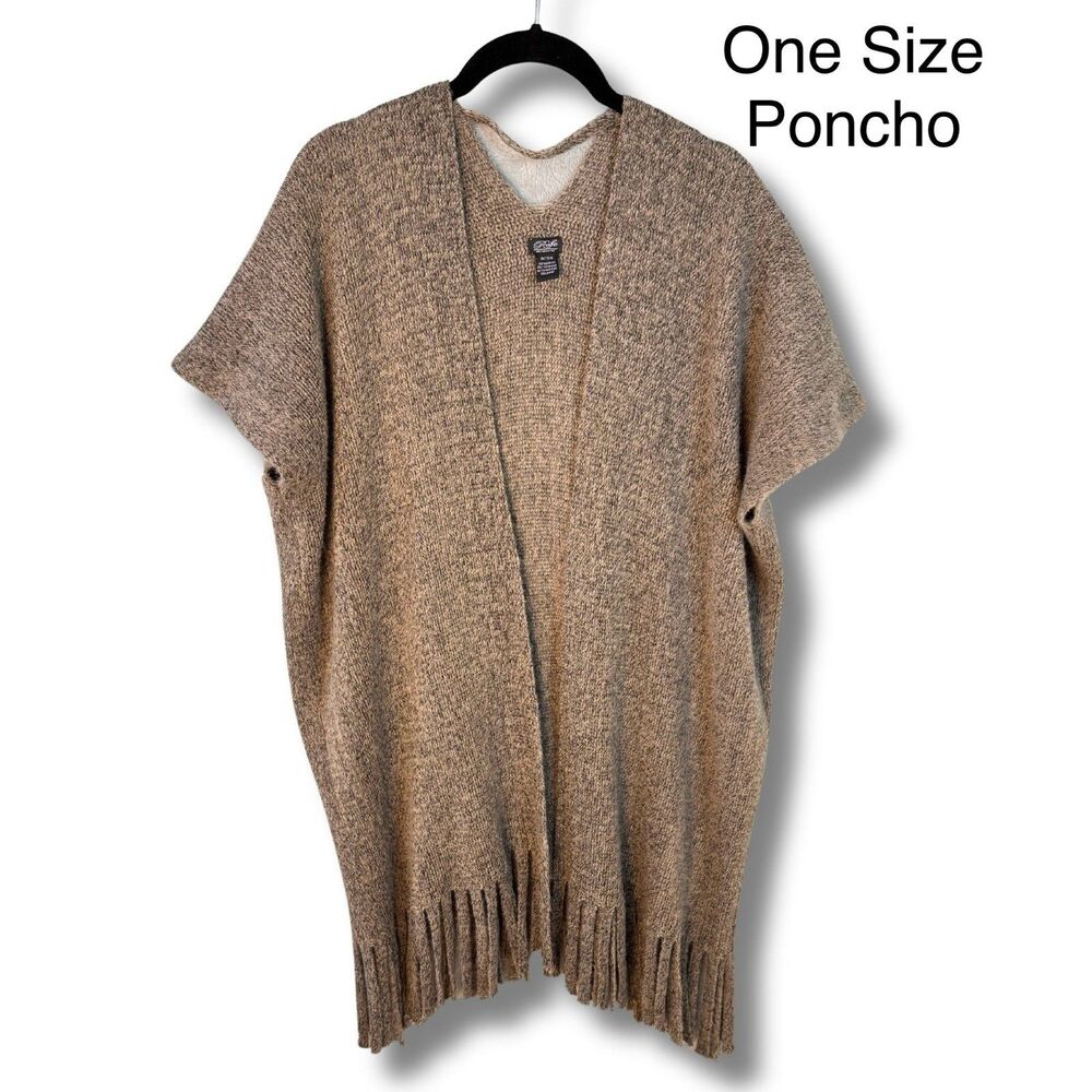 Roffe Fringed Open Front Cardigan Poncho Sweater Wrap Brown Soft